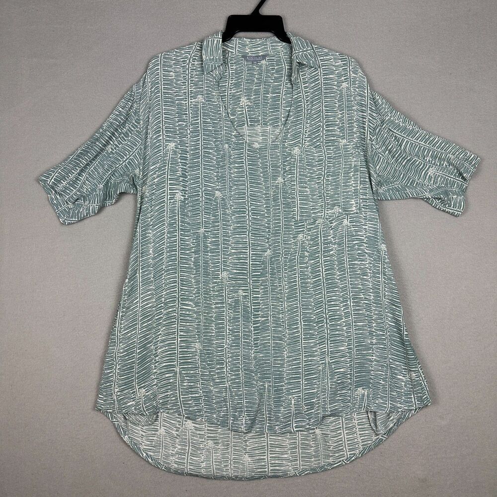 Kinolau Manaola Collection Womens Size XS Tunic Top Hi-Low Hem Green White Rayon